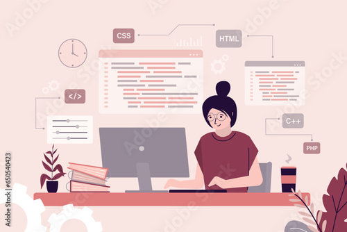 Programmer or coder sitting at desk and working on computer. Website designer, developer social media wireframe. Concept of front-end and back-end programming,