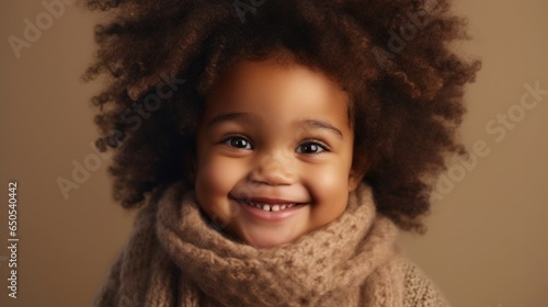 An adorable African-American girl wearing a radiant smile, her afro hair framing her face, set against a serene beige studio background. © iuricazac