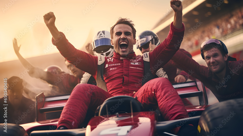 F1 racer on the car celebrate after winning the race - obrazy, fototapety, plakaty 