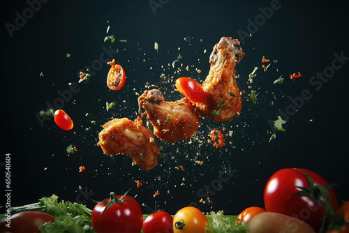 Flying elements of fried chicken with tomatoes and parsley, Generative AI