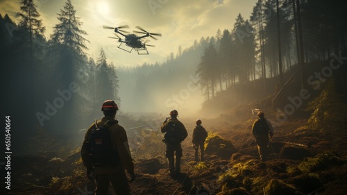 firefighters putting out forest fires with the help of drones loading dust to put out the fire, recovering forests
