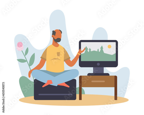 Old man sitting on armchair, watching TV and resting. Positive senior spending time at home. Happy old age. Concept of happy retirement. Flat vector illustration in cartoon style