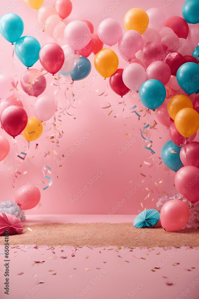 Bright helium balloons with confetti on pink background. Image created using artificial intelligence. Image created using artificial intelligence.