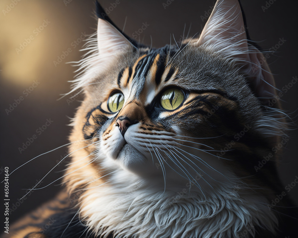 Portrait of a tabby Maine Coon cat with green eyes. AI-Generated