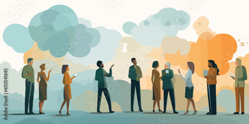 Illustrative people in contact with speech bubbles, light green and orange