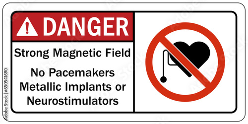 Magnetic field and pacemaker warning sign and labels Strong Magnetic Field. No Pacemakers Metallic Implants or Neurostimulators photo