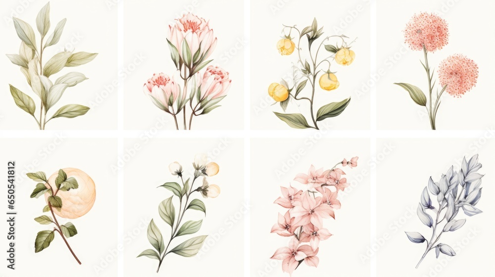 A series of watercolor illustrations of flowers