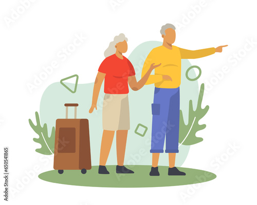 Old sporty couple standing near trolley bag and traveling with husband. Concept of happy retirement. Positive seniors spending time indoors. Happy old age. Flat vector illustration in cartoon style