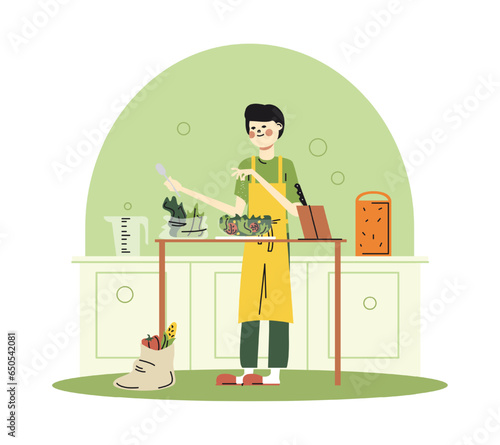 Man in apron standing and cooking healthy salad with vegetables. Natural good food, healthy eating concept. Choose vegetables and fruits. Flat vector illustration in cartoon style