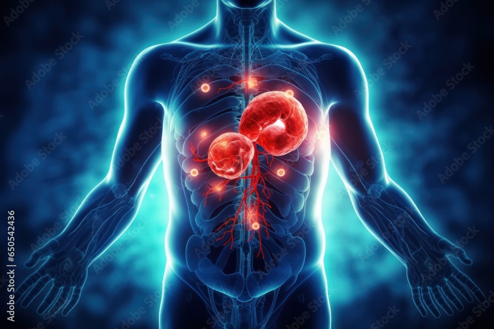 Medicine and healthcare concept. Body organs and pain highlighted in illustration of person Medicine and healthcare concept. Body organs and pain highlighted in illustration of person