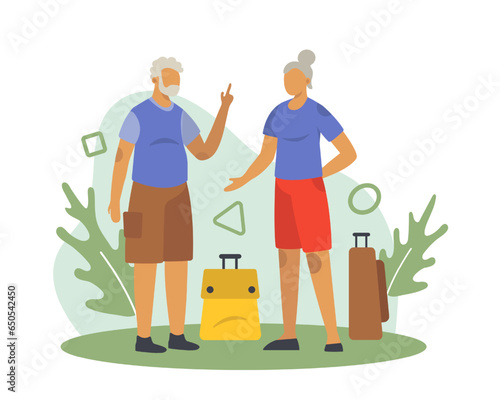 Senior woman and man traveling with trolley bags. Concept of happy retirement. Time for discover new places. Happy old age. Flat vector illustration in cartoon style