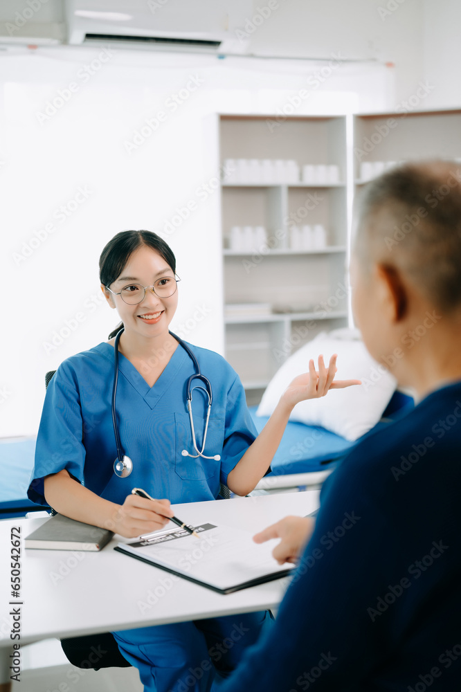 Serious Asia female doctor using clipboard is delivering great news talk discuss results or symptoms with female patient in clinic or hospital . Serious Asia female doctor using clipboard is delivering great news talk discuss results or symptoms with female patient in clinic or hospital .