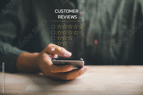 Dissatisfied client concept. Person with one star rating. Expressing unhappiness, disappointment dissatisfaction. Negative reviews, bad service, low rating. business reputation customer feedback.