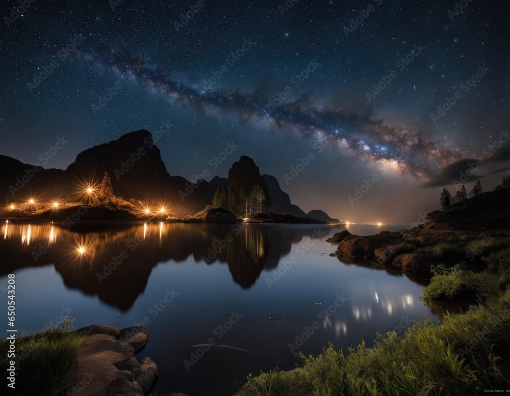 High resolution photo of milky way sky in the mountains with still lake waters and village lights on the opposite shore