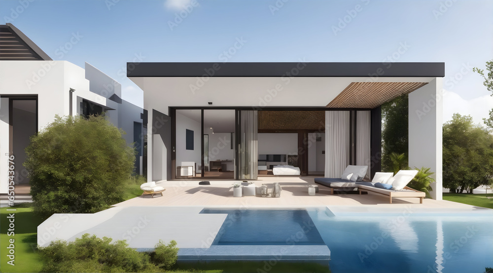 Contemporary Villa with Open Plan Living, Private Bedroom Wing, and Relaxing Terrace | Generative AI Architecture Photography Contemporary Villa with Open Plan Living, Private Bedroom Wing, and Relaxing Terrace | Generative AI Architecture Photography
