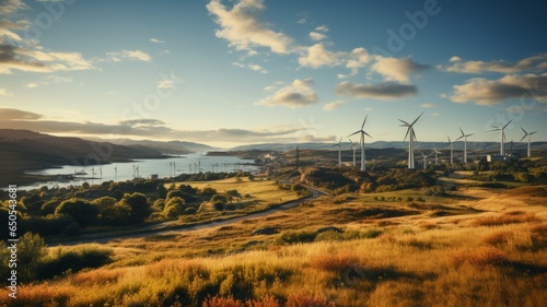 engineers installing propellers for wind energy, clean and renewable energy landscape at sunset