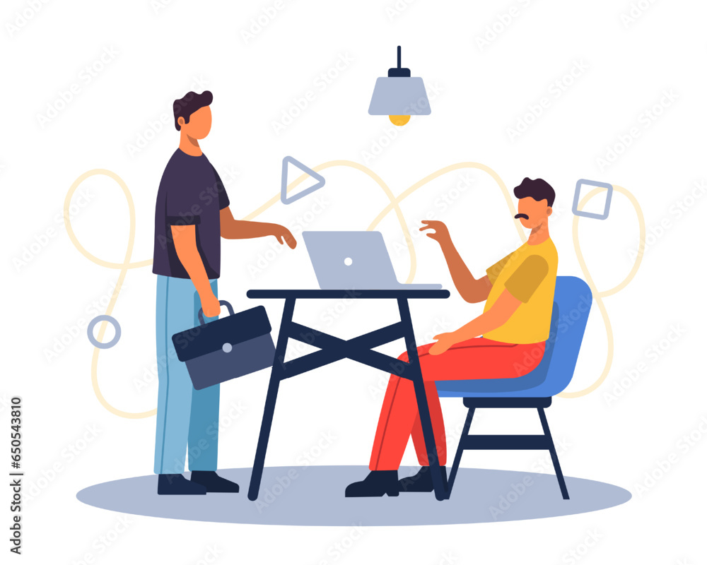 Man holding briefcase and talking with colleague in office. Business center concept. Modern online and live communication. Colorful flat vector illustration in cartoon style