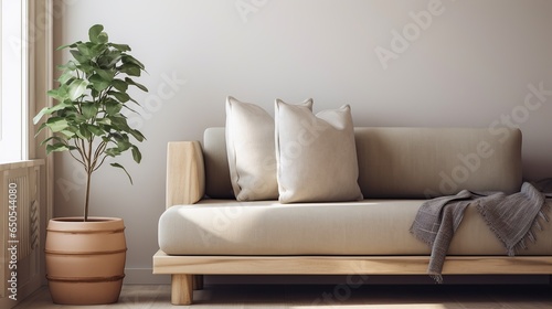 Close up sofa, coastal style living room with indoor plants, Scandi interior design AI generated