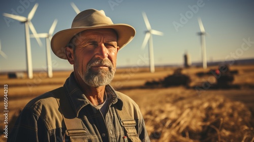 man on a farm, with clean energy from propellers, wind energy, ranchers with clean energy photo