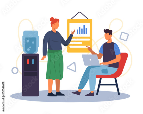 Ladies listening man, working with project. Concept of increasing productivity and efficiency in business. Flat vector illustration in cartoon style in blue colors