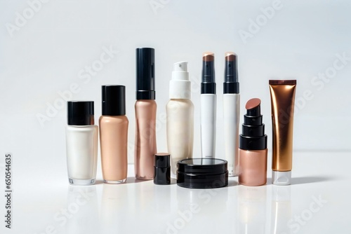 Beauty product makeup set nail polish, lipstick , cosmetics, different types in white background, Flat image with copy space for text, fashion makeup concept 