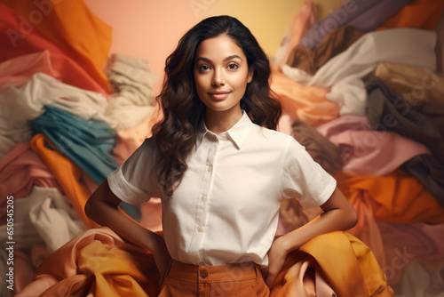 Woman standing in front of pile of clothes. This image can be used to represent laundry, fashion, or decluttering concepts.