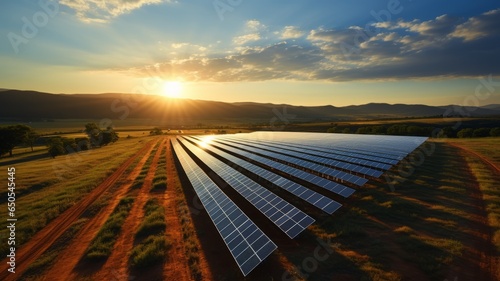 solar panels installed in the field for clean energy, landscape at sunset