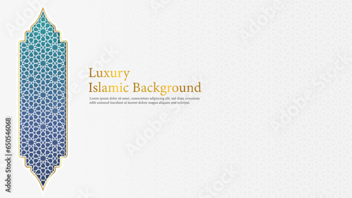 Luxury Islamic Background, White and Blue Arabic Islamic Elegant Background with Arabic Pattern and Decorative Ornament Frame.
