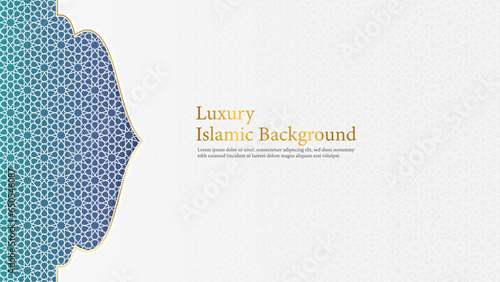 Luxury Islamic Background, White and Blue Arabic Islamic Elegant Background with Arabic Pattern and Decorative Ornament Frame.