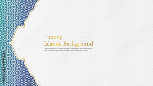 Luxury Islamic Background, White and Blue Arabic Islamic Elegant Background with Arabic Pattern and Decorative Ornament Frame.