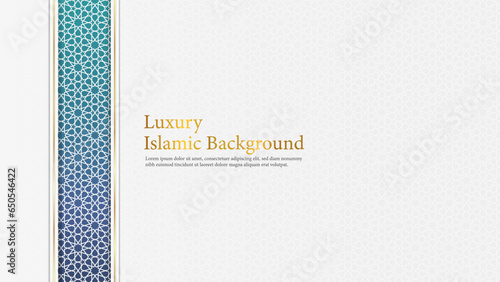 Luxury Islamic Background, White and Blue Arabic Islamic Elegant Background with Arabic Pattern and Decorative Ornament Frame.