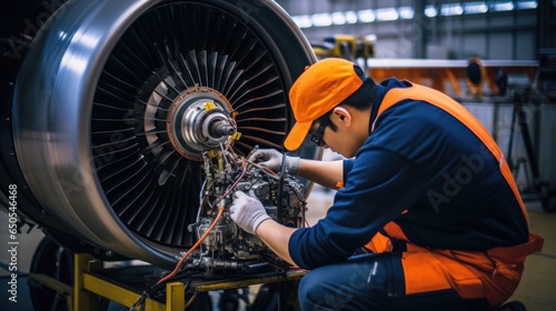 An aircraft technician is repairing a turbine.