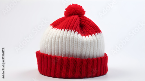 a red and white knitted santa beanie isolated on white background