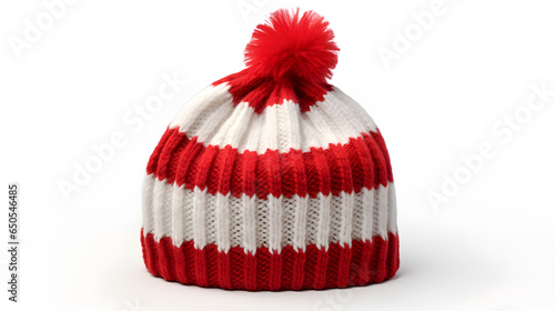 a red and white knitted santa beanie isolated on white background