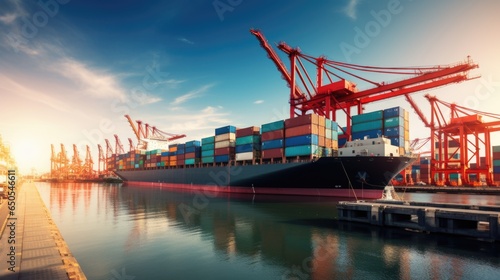 Container ship docked at a port.