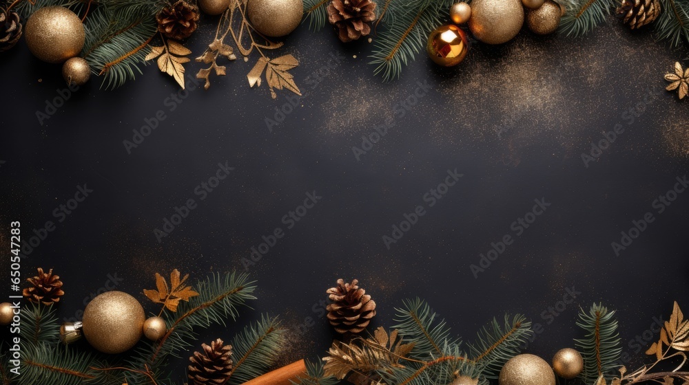 Christmas stone background with snow fir tree, gift box and decor. Top view with copy space Christmas stone background with snow fir tree, gift box and decor. Top view with copy space
