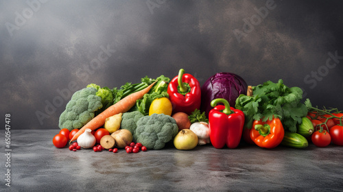 Healthy vegan fresh vegetarian vegetables on a gray, generative ai