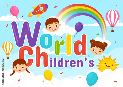 World Children s Day Vector Illustration on 20 November with Kids and Rainbow in Children Celebration Cartoon Bright Sky Blue Background Design