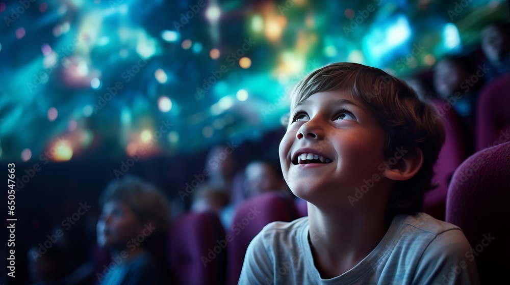 Little boy in a white shirt watching a movie for the first time in a movie theater, looking excited at the screen because he has discovered something new. Little boy in a white shirt watching a movie for the first time in a movie theater, looking excited at the screen because he has discovered something new.