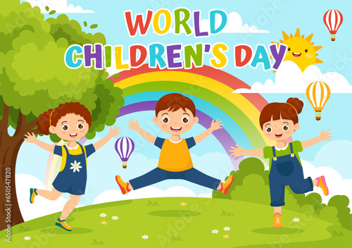 World Children's Day Vector Illustration on 20 November with Kids and Rainbow in Children Celebration Cartoon Bright Sky Blue Background Design