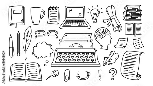 Book writer doodles set. Hand drawn black line art icons for storytelling, library, bookstore, creativity, journalism concept design