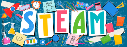 STEAM. Science, technology, engineering, mathematics, art. Science education collage with hand written word "STEAM"