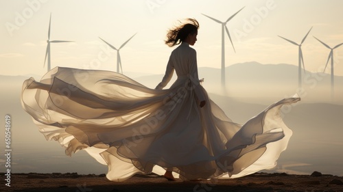woman with dress in front of wind towers, clean energy generation