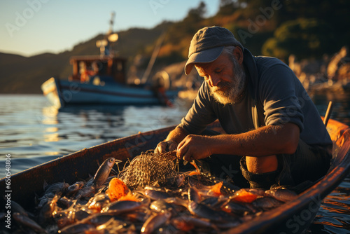 Fisherman in a fishing boat. Industrial fishing.