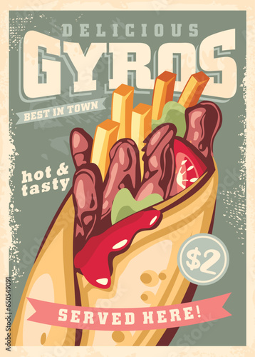 Poster design for fast food restaurant with delicious traditional gyros. Greek cuisine retro ad idea. Tasty gyros with french fries and tomato slice. Vector illustration.