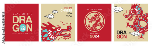 Happy Chinese New Year 2024,  dragon zodiac sign, flat modern style concept for traditional holiday card, banner, poster, decor element. Chinese translate: Dragon