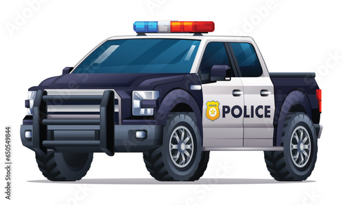 Police car vector illustration. Patrol official vehicle, pickup truck isolated on white background