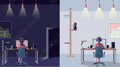 A woman back view operating a desktop computer in a bright room. A woman back view operating a desktop computer in a dark room. Remote work. Overtime