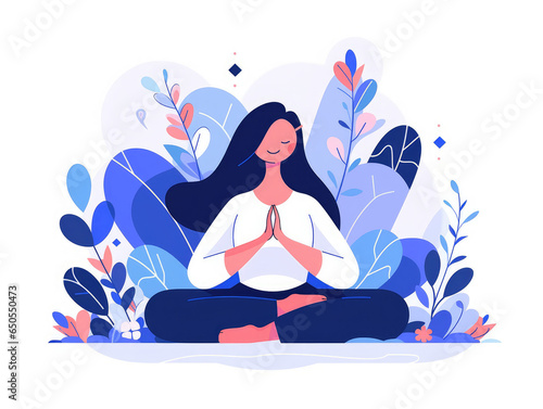 Girl meditating illustration, floral nature, blue and purple and pink