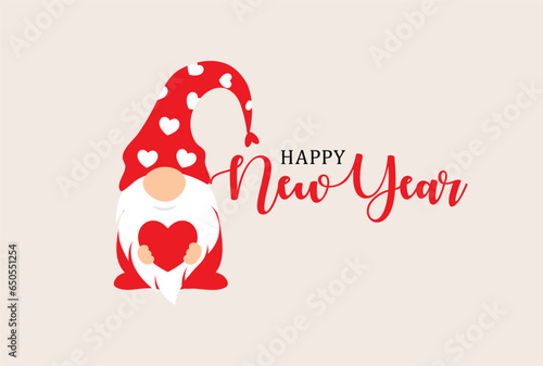 Happy New Year greeting card with a garden gnome in red hat with heart. Christmas gnome for new year's card in a minimalistic style. Vector illustration.